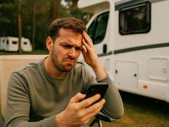 Ein Mann sitzt vor einem Wohnmobil und schaut verärgert auf sein Handy