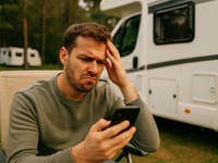 Ein Mann sitzt vor einem Wohnmobil und schaut verärgert auf sein Handy