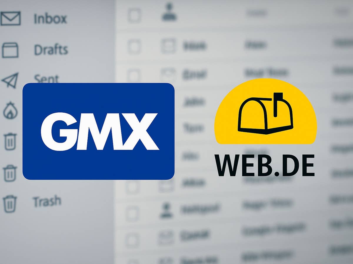 Die Logos von GMX und web.de, im Hintergrund ein Mailpostfach