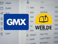 Die Logos von GMX und web.de, im Hintergrund ein Mailpostfach