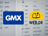 Die Logos von GMX und web.de, im Hintergrund ein Mailpostfach