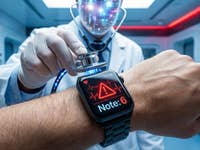 Ein KI-Arzt horcht eine Apple-Watch am Handgelenk des Patienten ab.