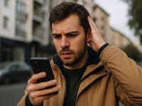 Ein Mann schaut verwirrt auf sein Handy