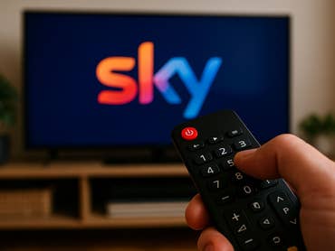Ein TV mit einem Sky-Logo, im Vordergrund eine Fernbedienung