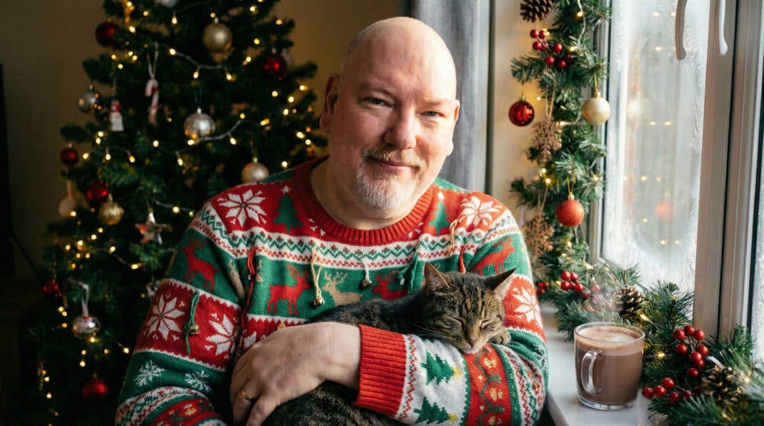 Casi mit Katze im Arm und im Christmas-Sweater