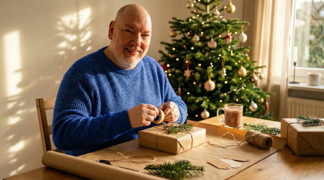 Casi sitzt am Tisch und packt Weihnachtsgeschenke ein