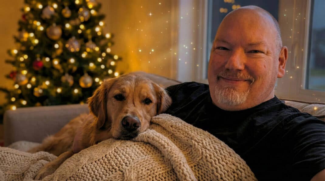 Casi sitzt mit einem Hund auf dem Schoss vor dem Weihnachtsbaum