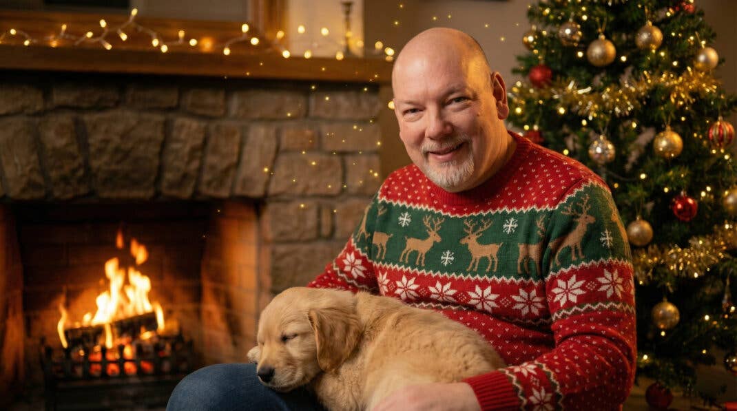 Casi mit Hund auf dem Schoss vorm Kamin