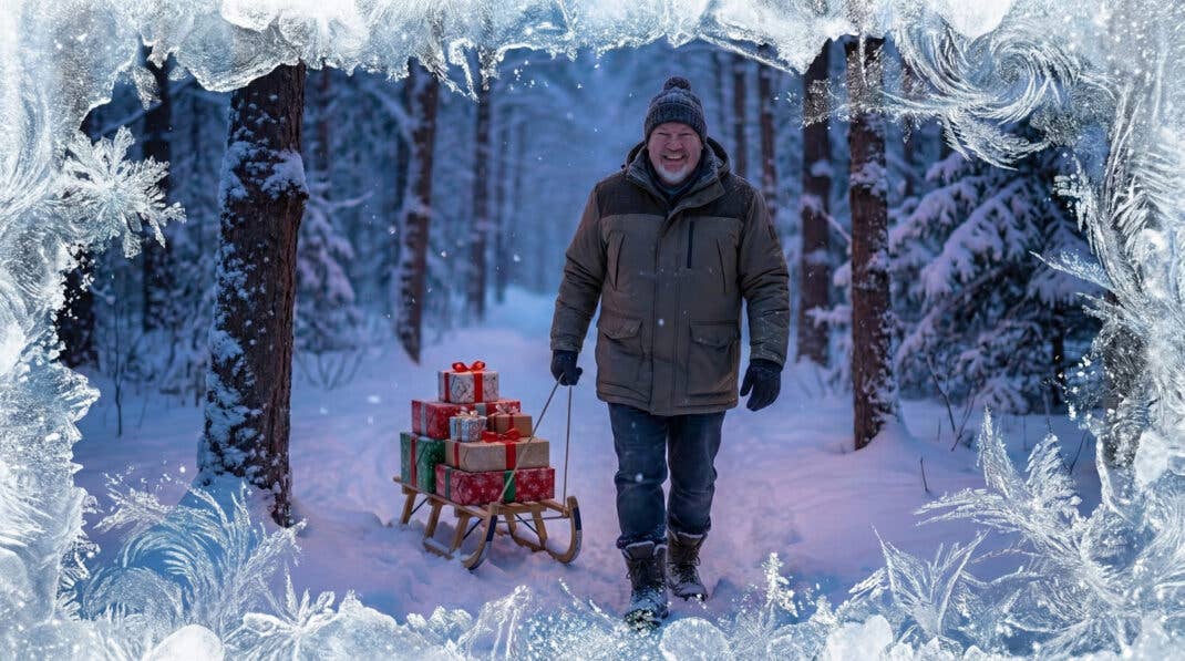 Casi zieht einen Schlitten durch einen winterlichen Wald