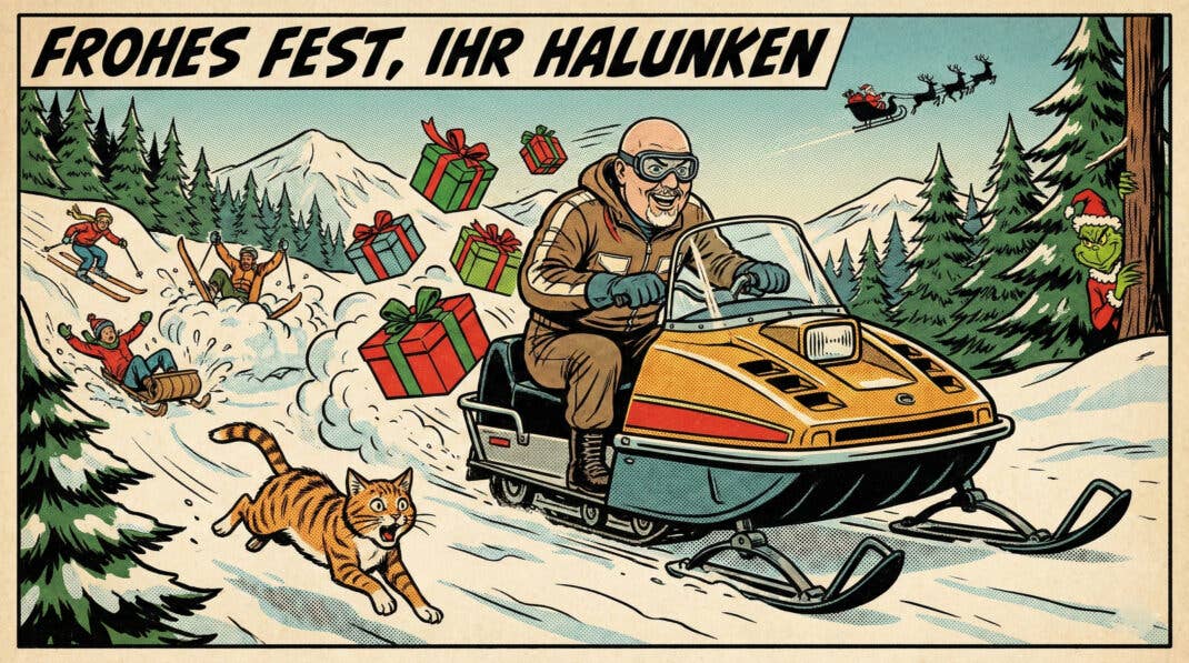 Comic-Bild mit einem Mann, der mit Schneemobil ins Tal saust