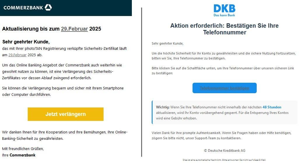 Screenshots zweier Phishing-Mails