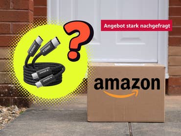 Amazon-Paket steht vor einer Tür, daneben ein Anker-Ladekabel und ein Fragezeichen