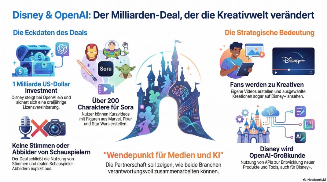 Deutsche Infografik, die den Deal zwischen Disney und OpenAI erklärt.