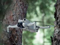 DJI Mini 4 Pro fliegt durch einen Wald.