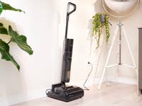 Ein Dreame H15 Pro Staubsauger steht neben einer Topfpflanze in einem modernen Interieur.