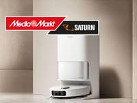 Dreame L10s Ultra Gen2 steht an einer Wand. Darüber der Schriftzug MediaMarkt/Saturn und 19 % MwSt geschenkt.