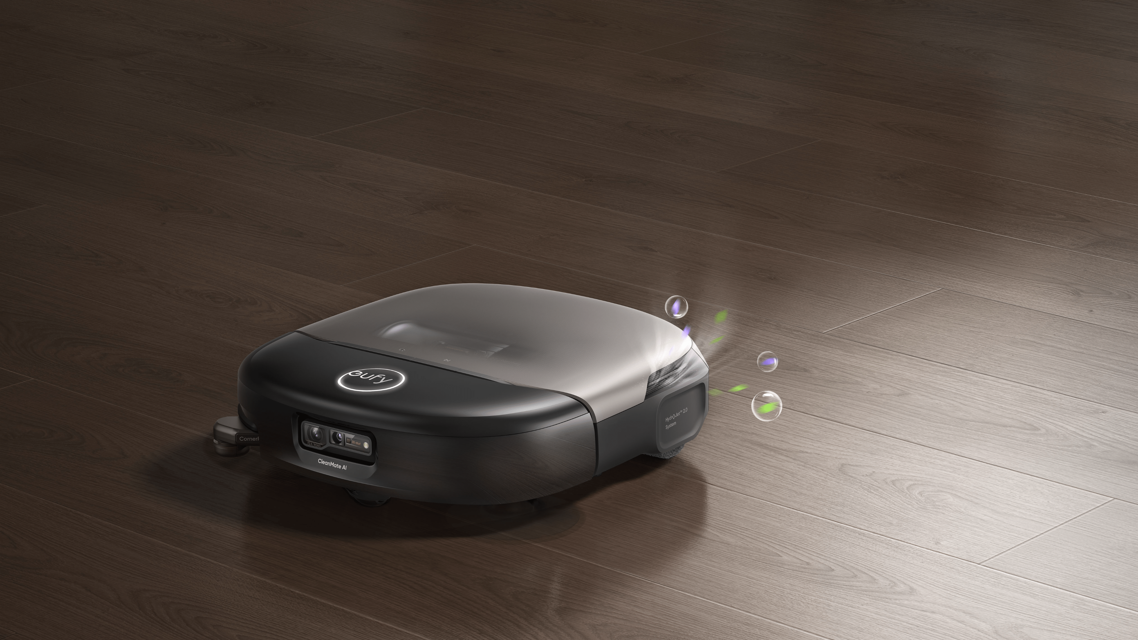 Ein eufy Omni S2 Roboterstaubsauger auf einem Holzboden, der Reinigungsblasen abgibt.