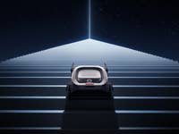 Ein eufy MarsRover, der eine Treppe unter einem sternenklaren Himmel mit einem hellen Lichtstrahl darüber hinaufsteigt.