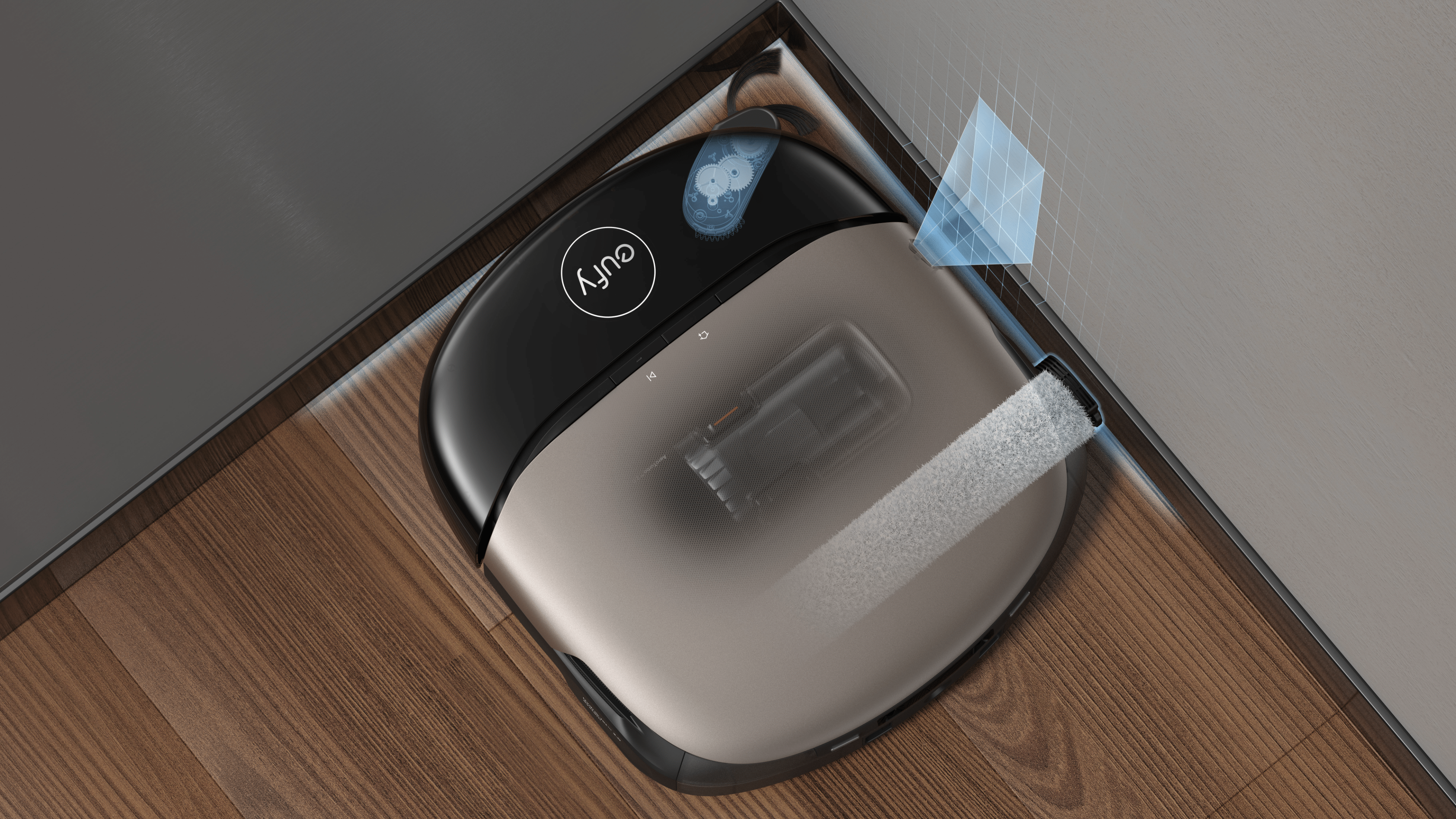 eufy Omni S2 Saugroboter nahe einer Wand, mit sichtbarem Reinigungspinsel.