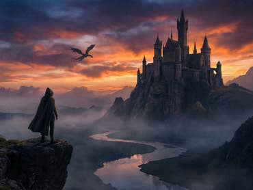 Ein Mann schaut auf eine Fantasy-Stadt herab