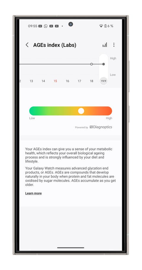 Samsung Galaxy Watch 7 zeigt die Benutzeroberfläche mit dem AGEs-Index und Gesundheitsinformationen.