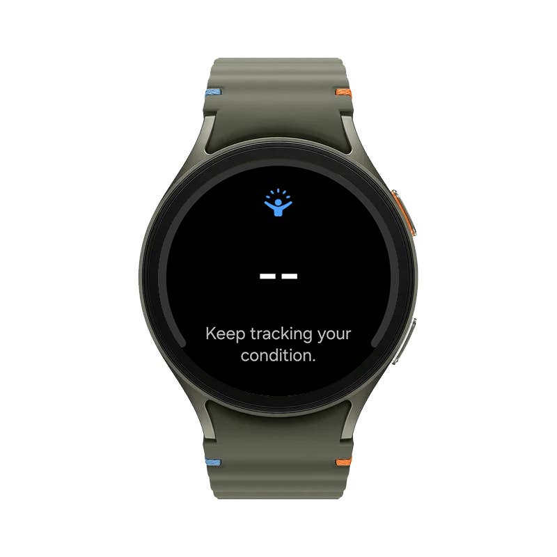 Samsung Galaxy Watch 7 zeigt auf dem Bildschirm u0027Verfolgen Sie weiterhin Ihren Zustand.u0027