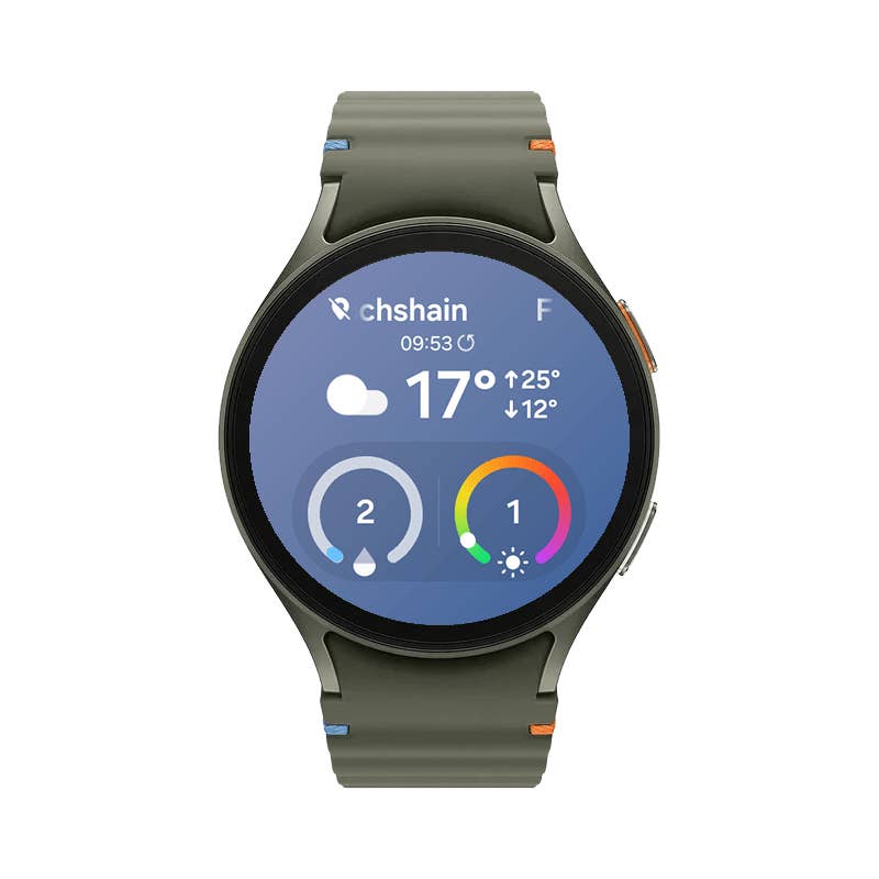 Samsung Galaxy Watch 7 zeigt Wetterinformationen mit grünem Armband.