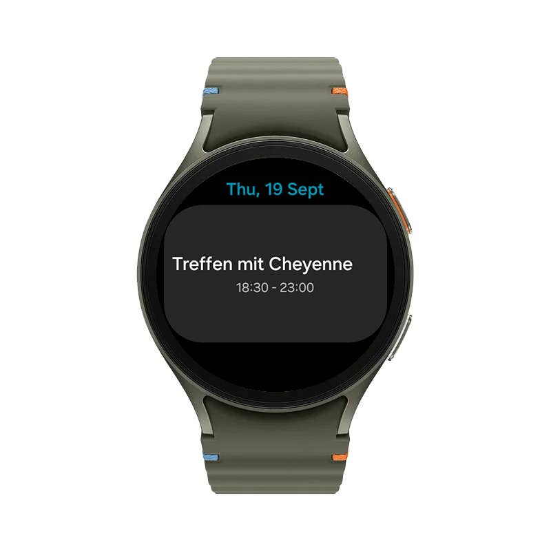 Samsung Galaxy Watch 7 zeigt einen Kalendereintrag: Treffen mit Cheyenne von 18:30 bis 23:00.
