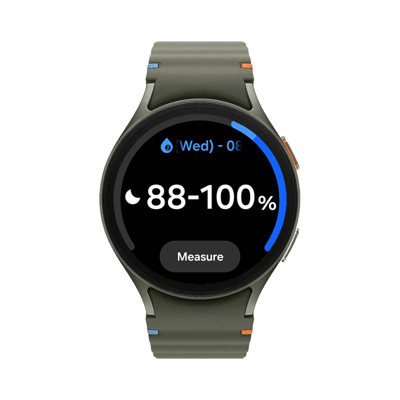 Samsung Galaxy Watch 7 zeigt Wasserstandsmessung: 88-100%, Datum: Mittwoch.