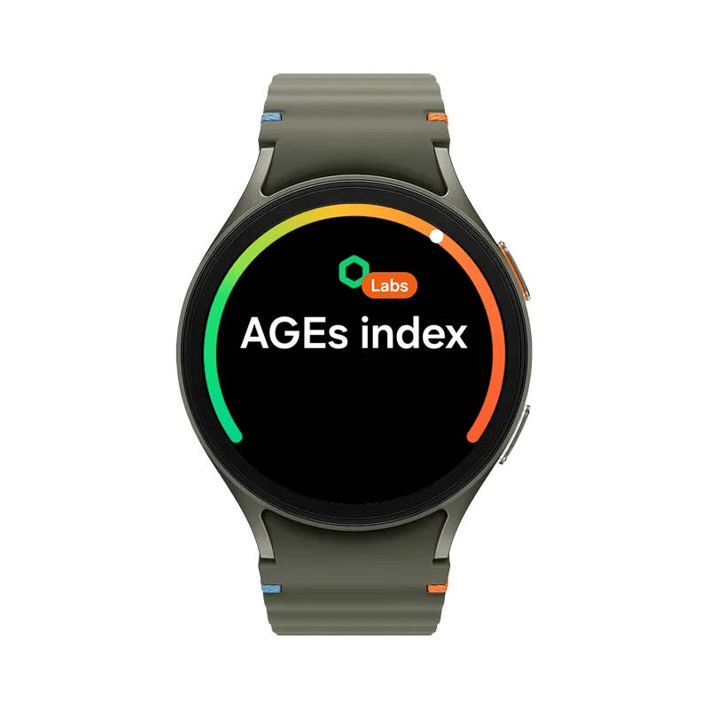 Samsung Galaxy Watch 7 zeigt u0027AGEs indexu0027 auf dem Bildschirm.