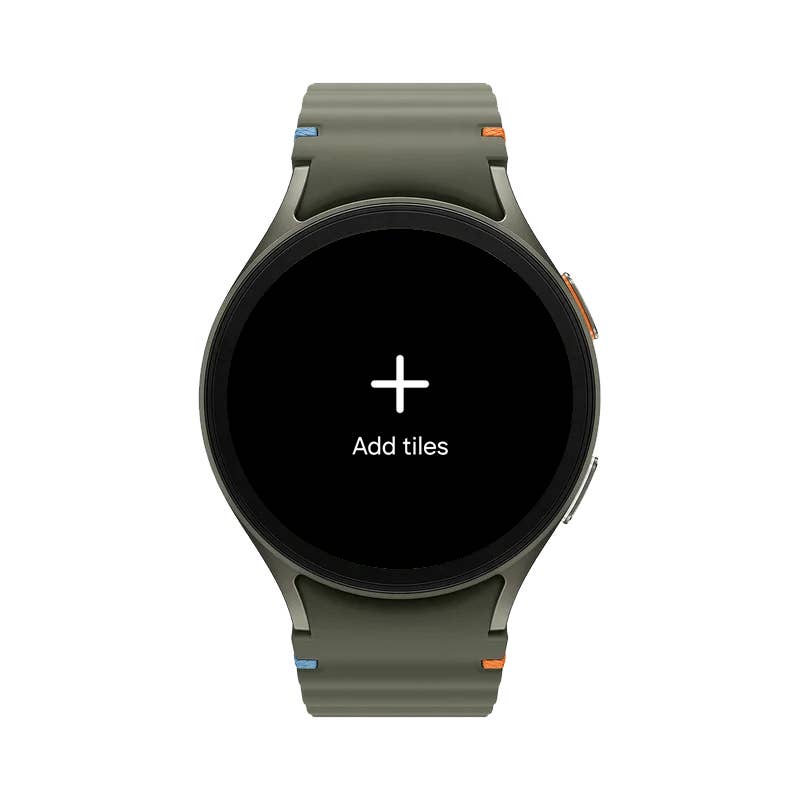 Samsung Galaxy Watch 7 zeigt u0027Tiles hinzufügenu0027 auf dem Bildschirm.