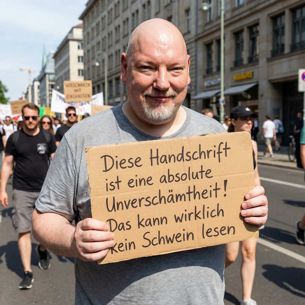 Ich halte auf einer Demo ein Schild, auf dem ich meine miese Handschrift kritisiere.