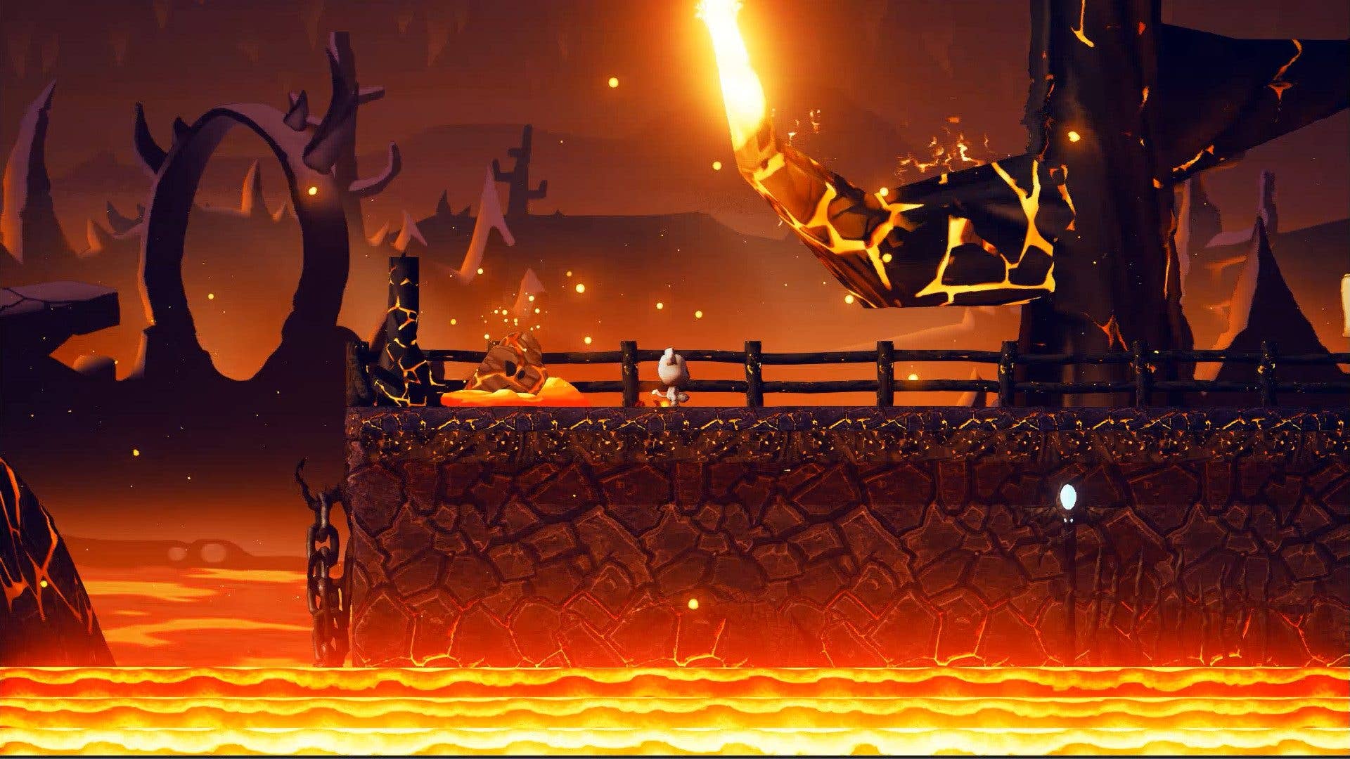 Ein Charakter steht auf einem felsigen Vorsprung und blickt auf eine von Lava gefüllte Landschaft mit dunklen, verdrehten Bäumen.