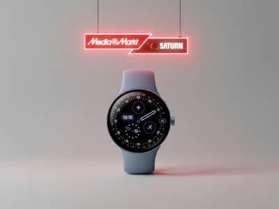 Google Pixel Watch 4 mit einem MediaMarkt/Saturn-Logo