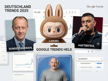 Vor einem Google-Suche-Hintergrund sehen wir eine Actionfigur, Haftbefehl, ein Labubu und Friedrich Merz.