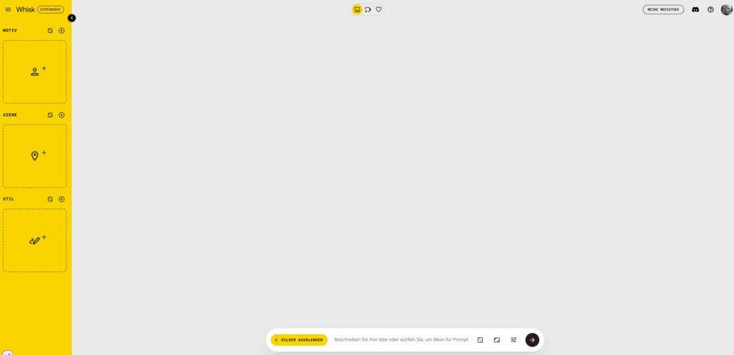 Die Start-Ansicht von Whisk.