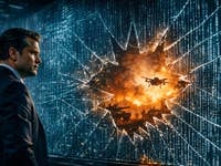 Pete Hegseth schaut durch die zerschossene Scheibe eines riesigen Bildschirms auf eine Kriegs-Szenerie.