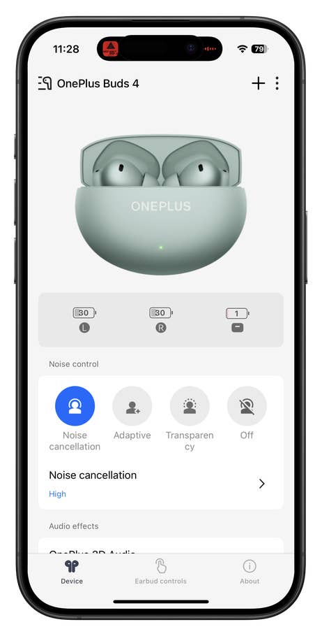 Einstellungen für OnePlus Buds 4 auf einem Smartphone-Bildschirm mit Optionen für Geräuschunterdrückung und Audioeffekte.