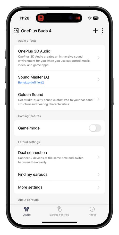 Benutzeroberfläche der OnePlus Buds 4-App mit Audioeffekten und Einstellungsoptionen.