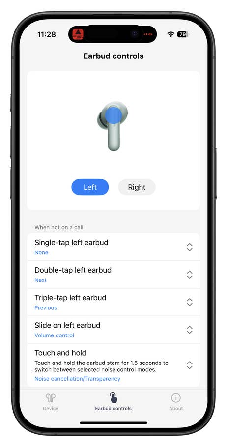 Einstellungsbildschirm für die Ohrhörersteuerung der OnePlus Buds 4 mit Optionen für Tippen.