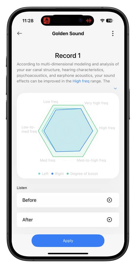 Ein Smartphone-Bildschirm zeigt die Funktion Golden Sound mit Klangfrequenzanalyse und Möglichkeiten zur Anwendung von Anpassungen.