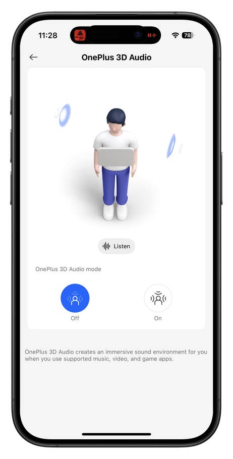 OnePlus 3D Audio-Oberfläche mit einer Cartoonfigur und Audiooptionen für ein immersives Klangerlebnis.