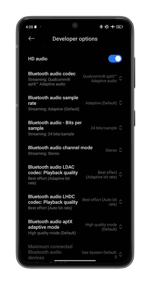 Screenshot: Bluetooth-Codec unter Android ändern