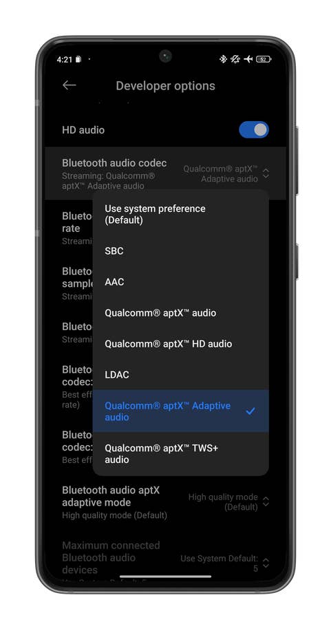 Screenshot: Bluetooth-Codec unter Android ändern