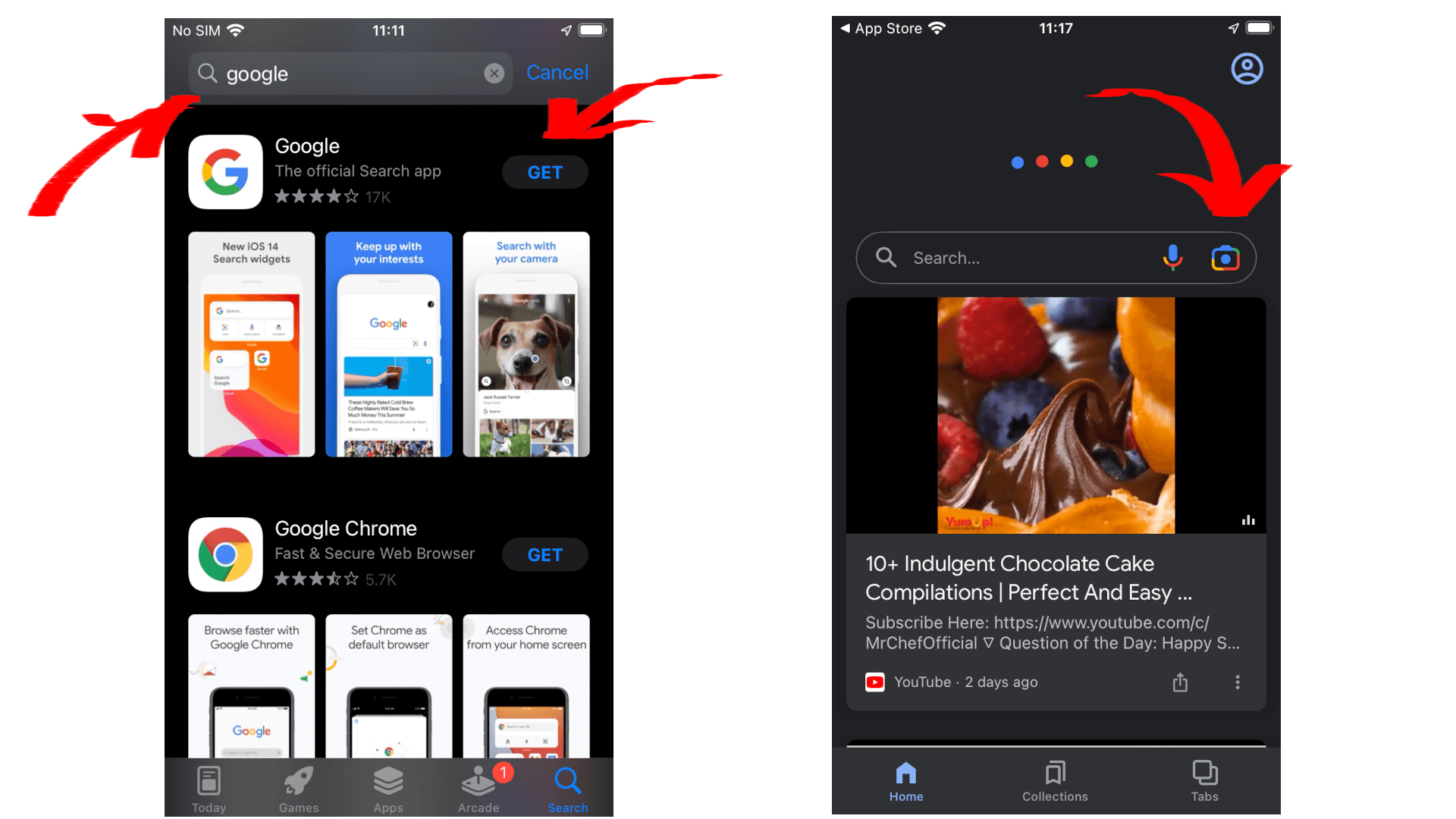 Screenshots der Google-App und YouTube, die Suchfunktionen und Optionen zeigen.