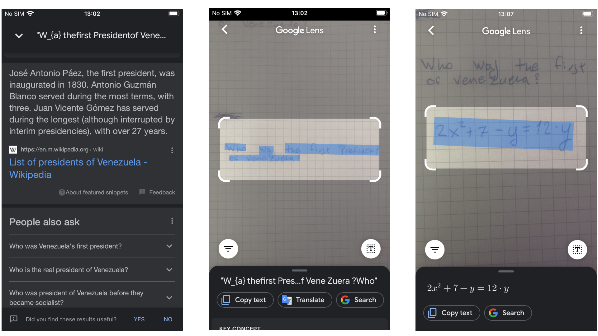 Google Lens-Oberfläche zeigt eine Suche nach Venezuelas erstem Präsidenten mit handgeschriebenen Gleichungen.