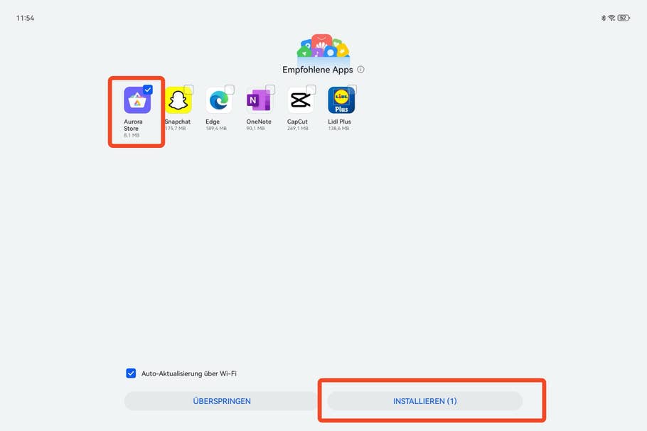 Startbildschirm eines Huawei MatePad mit dem Aurora Store und anderen Apps sowie Installationsoption.