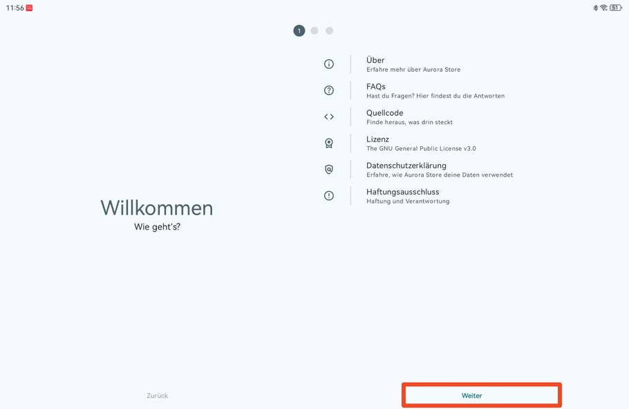 Willkommensbildschirm eines Huawei MatePad mit Optionen wie FAQs und Datenschutzrichtlinie.