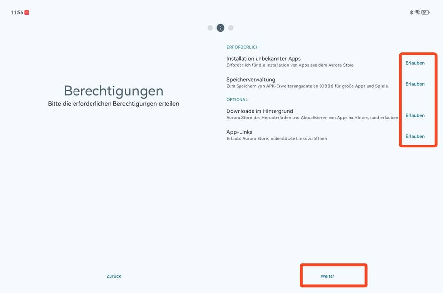 App-Berechtigungseinstellungen auf dem Huawei MatePad: Optionen zur Erlaubnis von unbekannten App-Installationen, Speicherverwaltung und Links.