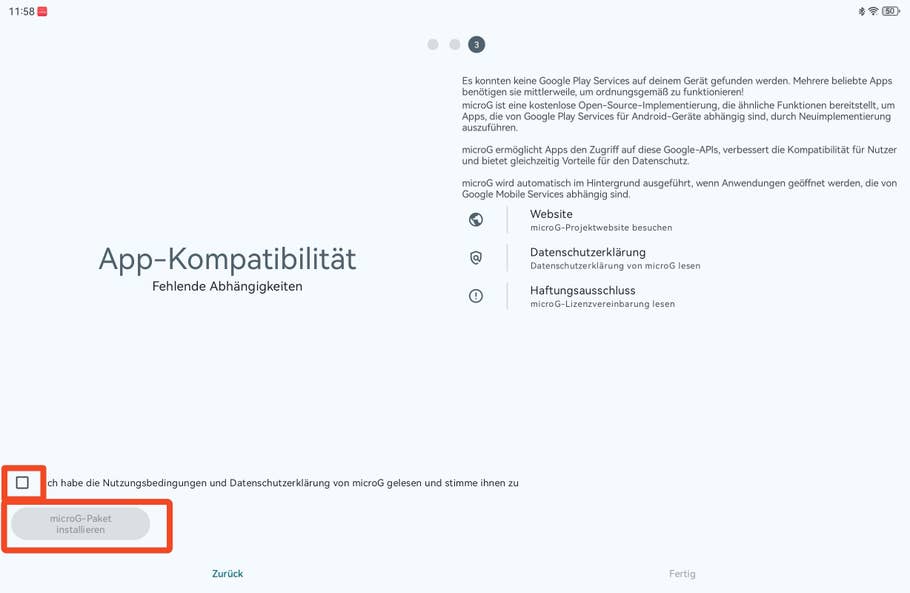 App-Kompatibilität Bildschirm zeigt fehlende Abhängigkeiten mit microG Installationsoption.